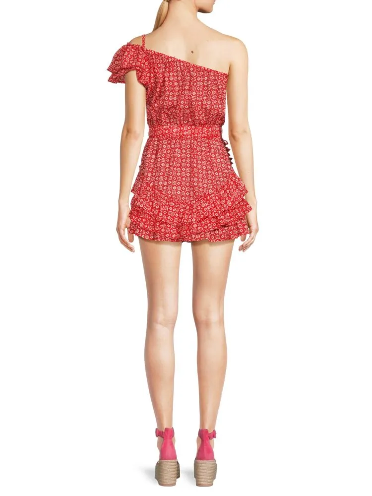 Kaia One Shoulder Geometric Poupette St Barth Mini Dress in Red Diamond