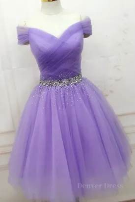 kamahe Off Shoulder Sequins Purple Short Prom Dresses, Off the Shoulder Purple Homecoming Dresses, Short Purple Formal Evening Dresses