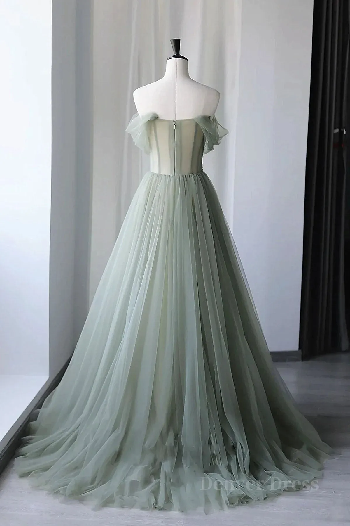 kamahe Off the Shoulder Green Tulle Long Prom Dresses, Green Tulle Off Shoulder Formal Evening Dresses