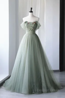 kamahe Off the Shoulder Green Tulle Long Prom Dresses, Green Tulle Off Shoulder Formal Evening Dresses