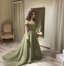 kamahe Off the Shoulder Mint Green Prom Dress Beaded Long Prom Dresses, Off Shoulder Green Long Formal Evening Dresses