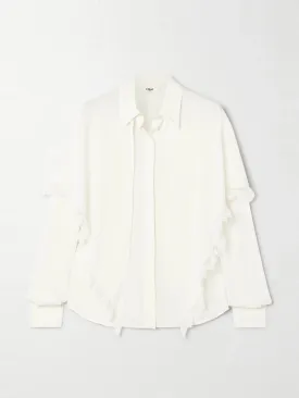 Lace-trimmed draped layered silk-crepe de chine shirt