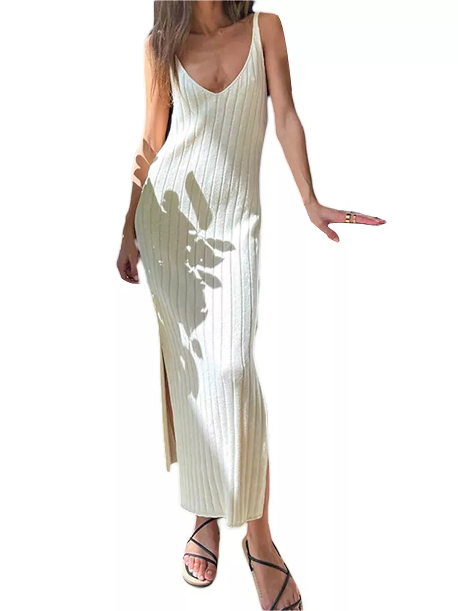 Ladies Temperament Knitted Slip Dress Women Leisure Vertical Stripe Sleeveless V-neck Backless Split Long Dress Casul Daily Wear