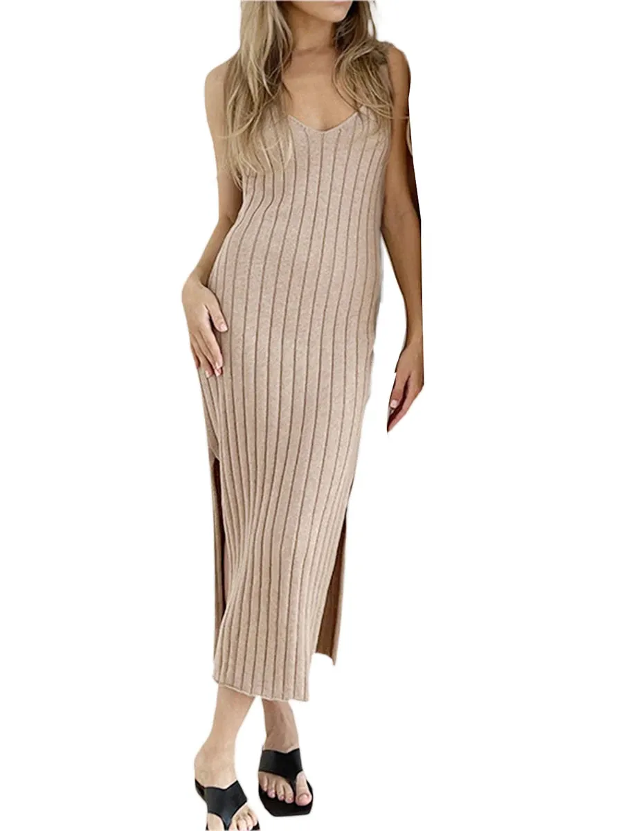 Ladies Temperament Knitted Slip Dress Women Leisure Vertical Stripe Sleeveless V-neck Backless Split Long Dress Casul Daily Wear