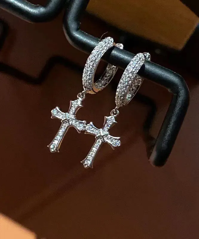 Loose Silk Sterling Silver Zircon Cross Hoop Earrings ML0697