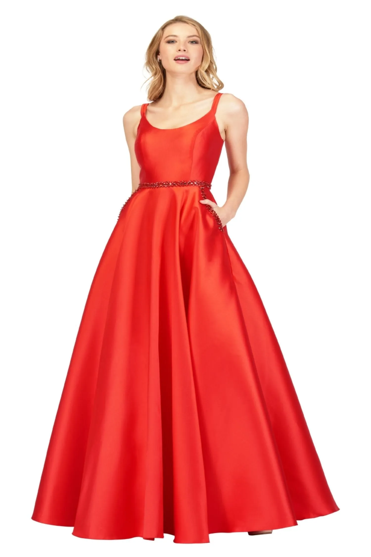 Lucci Lu 981065 Red Scoop Neck Mikado Ballgown with Pockets