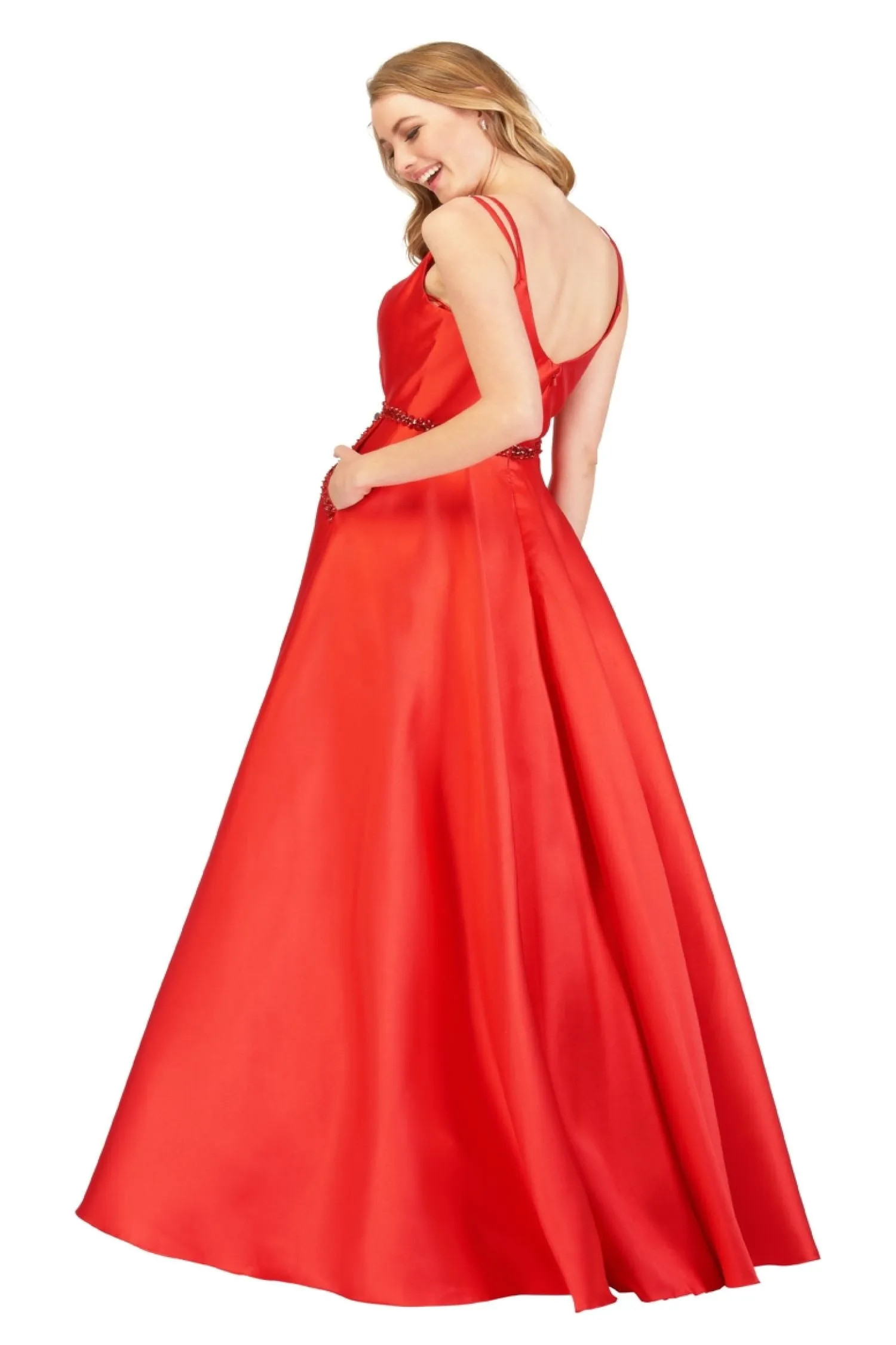 Lucci Lu 981065 Red Scoop Neck Mikado Ballgown with Pockets