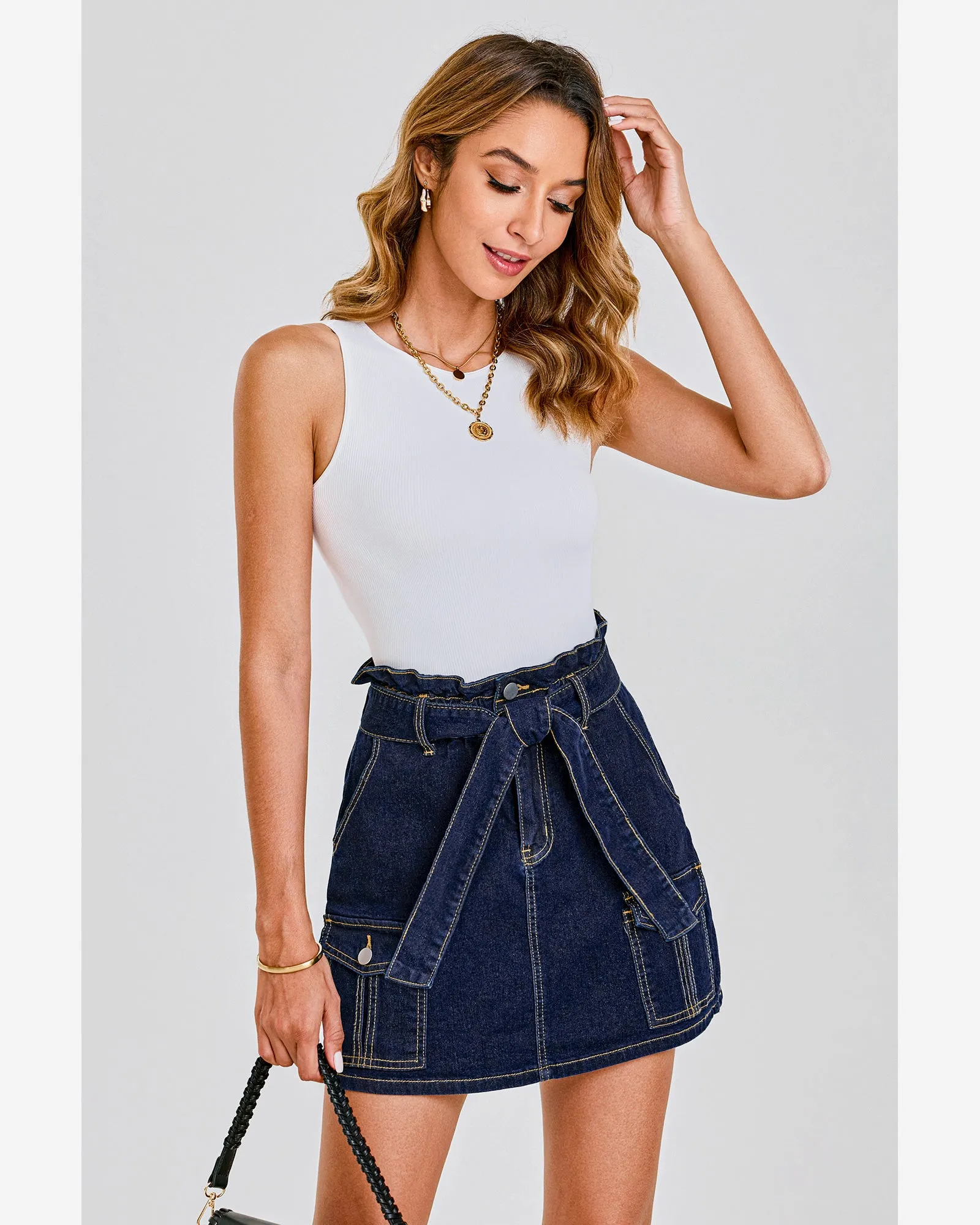 luvamia Denim Skorts Skirts for Women High Waisted Jean Shorts with Pockets Casual Cute Summer Belt Paperbag Waist Skort