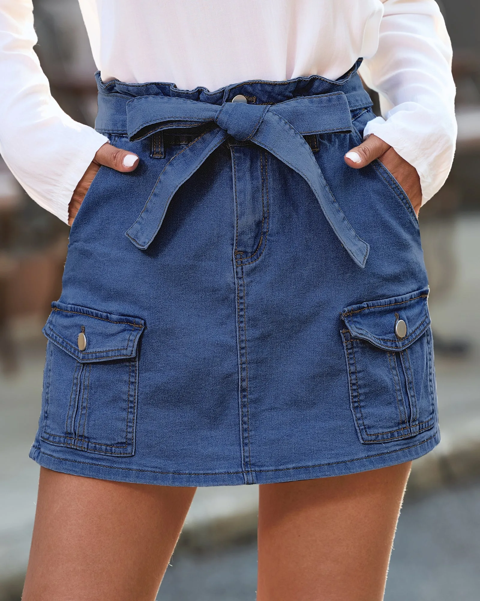 luvamia Denim Skorts Skirts for Women High Waisted Jean Shorts with Pockets Casual Cute Summer Belt Paperbag Waist Skort