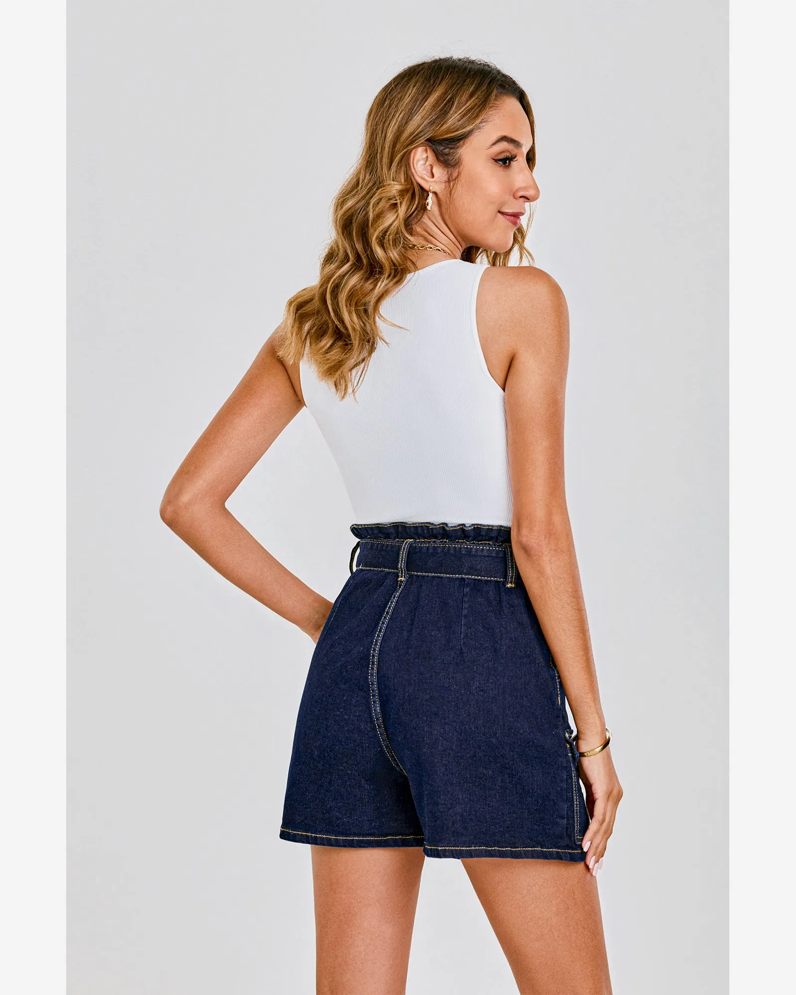 luvamia Denim Skorts Skirts for Women High Waisted Jean Shorts with Pockets Casual Cute Summer Belt Paperbag Waist Skort