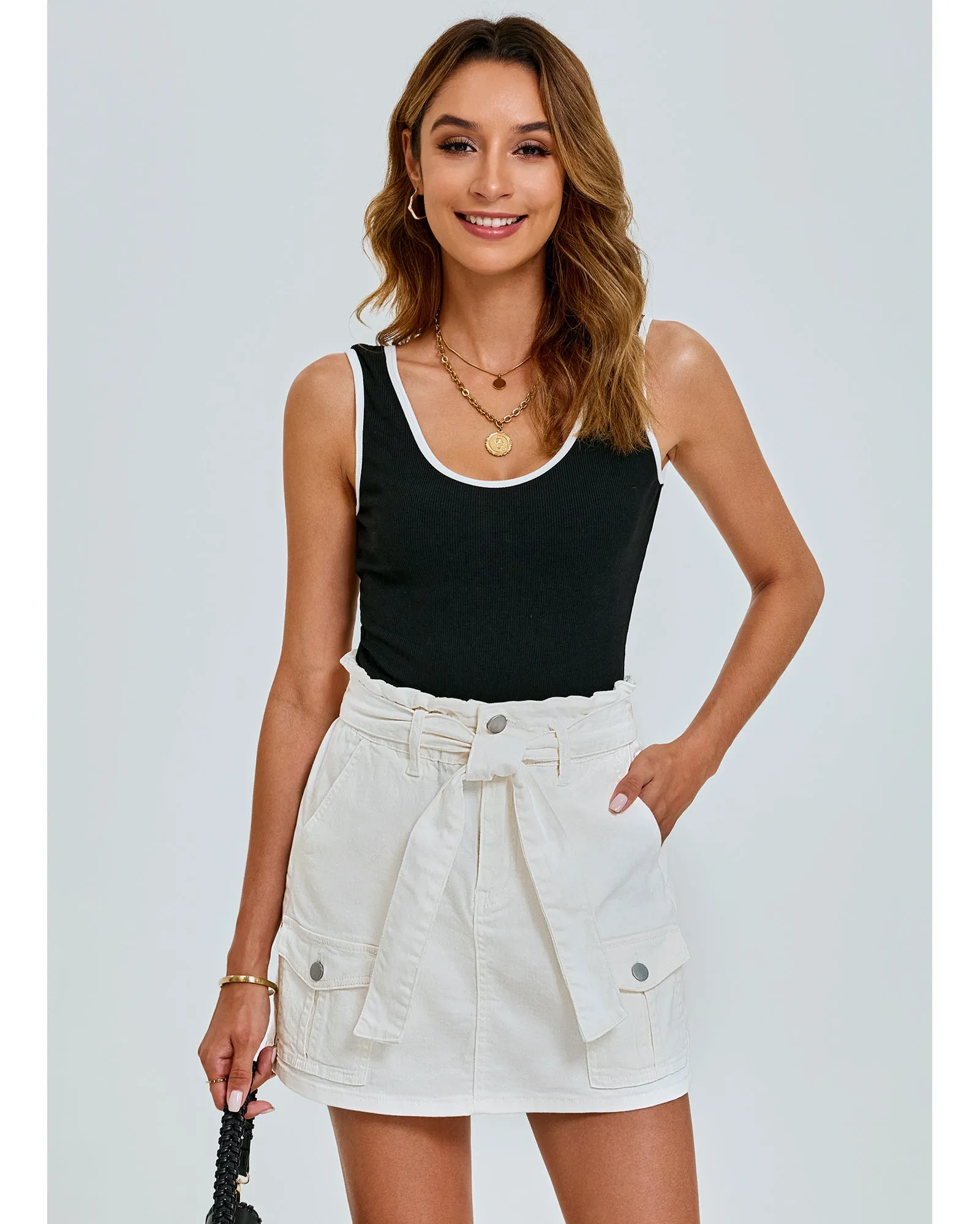 luvamia Denim Skorts Skirts for Women High Waisted Jean Shorts with Pockets Casual Cute Summer Belt Paperbag Waist Skort