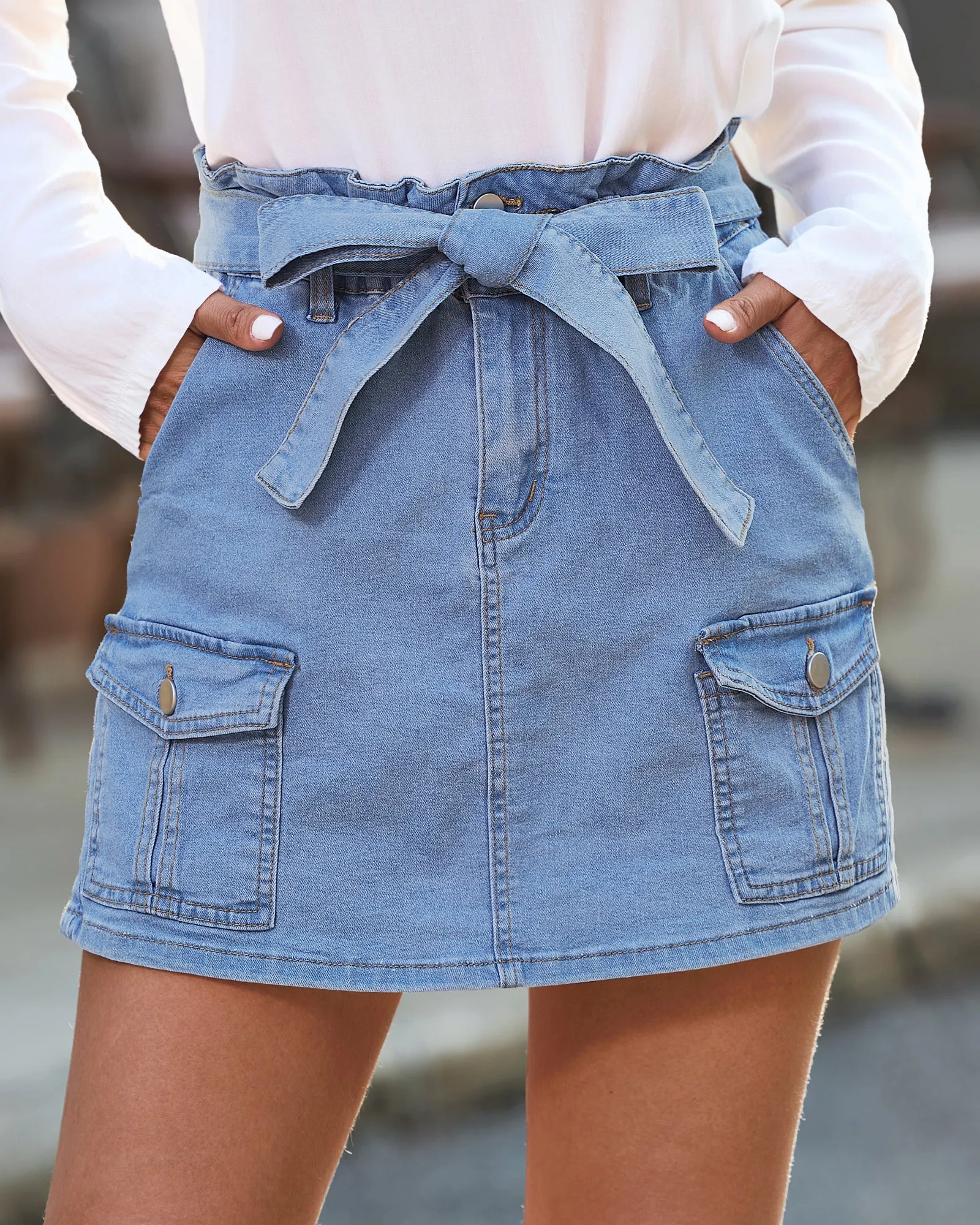 luvamia Denim Skorts Skirts for Women High Waisted Jean Shorts with Pockets Casual Cute Summer Belt Paperbag Waist Skort