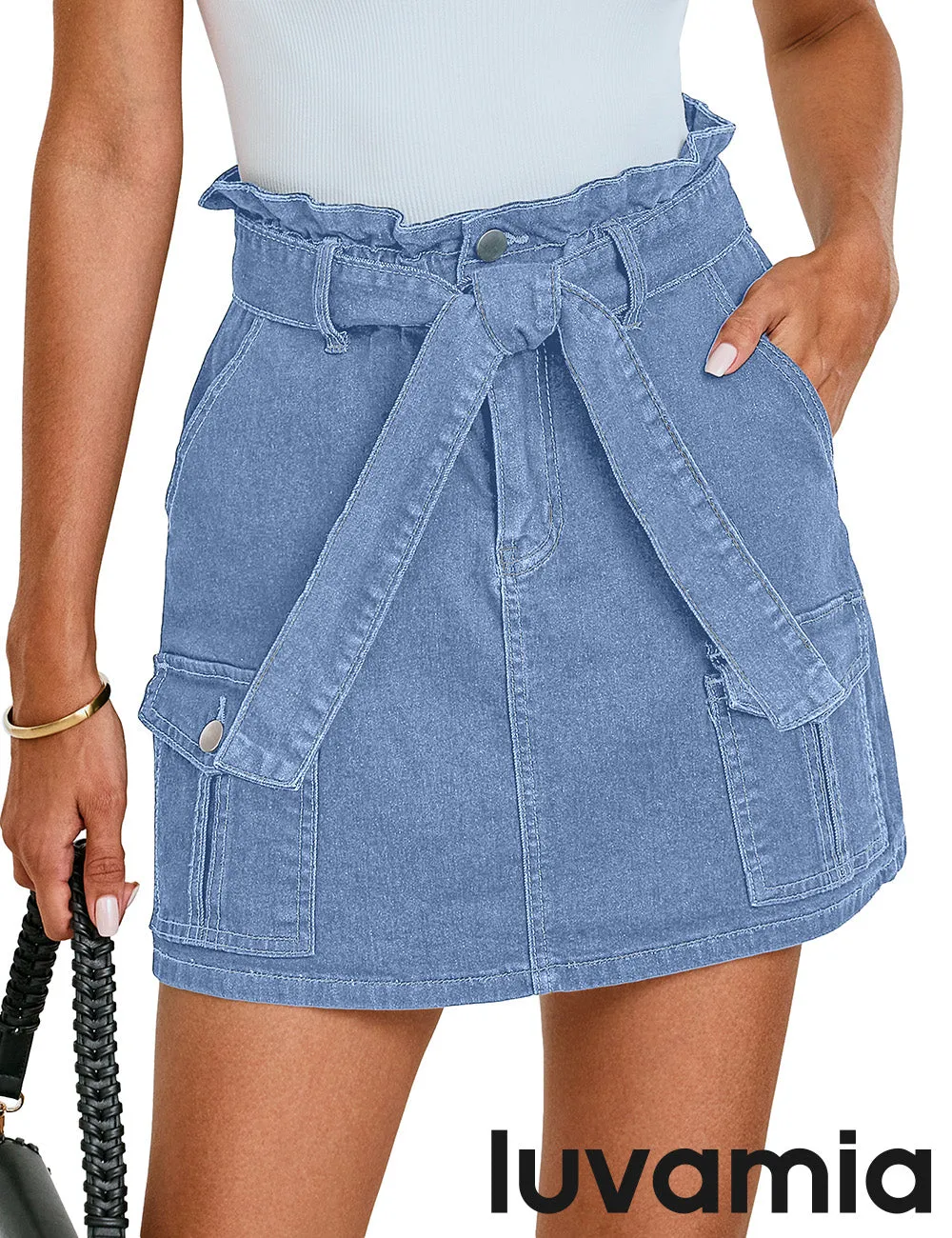 luvamia Denim Skorts Skirts for Women High Waisted Jean Shorts with Pockets Casual Cute Summer Belt Paperbag Waist Skort