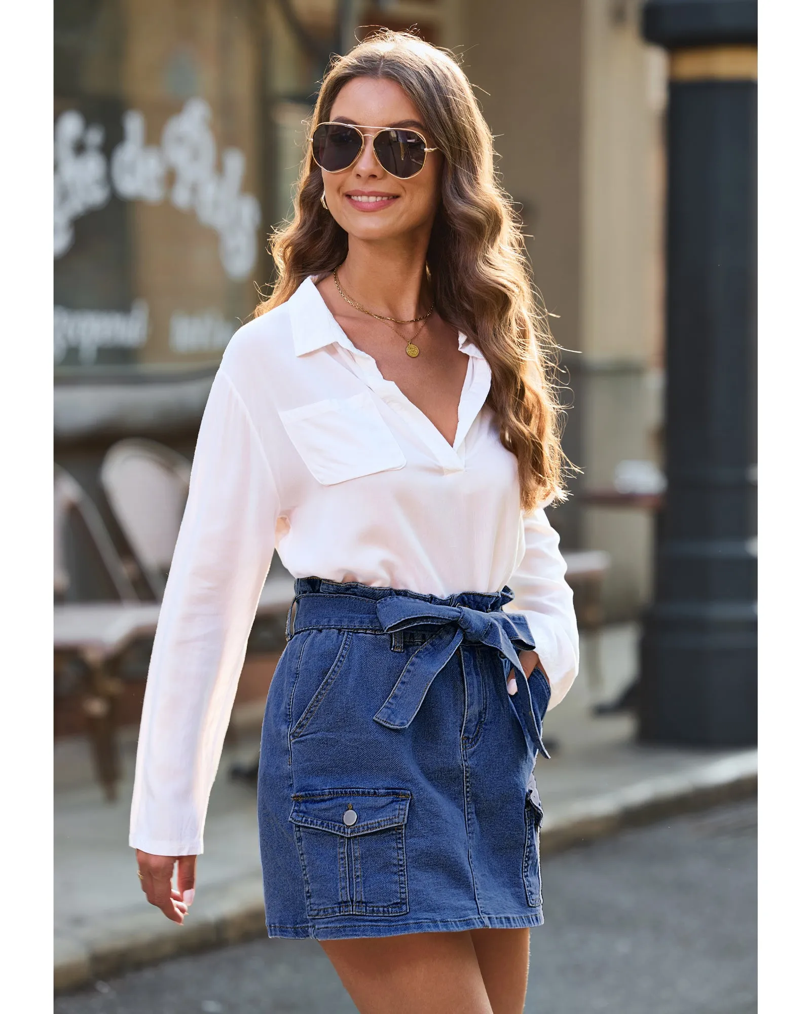 luvamia Denim Skorts Skirts for Women High Waisted Jean Shorts with Pockets Casual Cute Summer Belt Paperbag Waist Skort