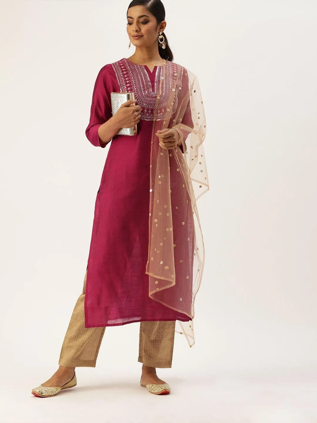 Magenta Pink & Beige Sequined Yoke Design Kurta With Trousers & Dupatta