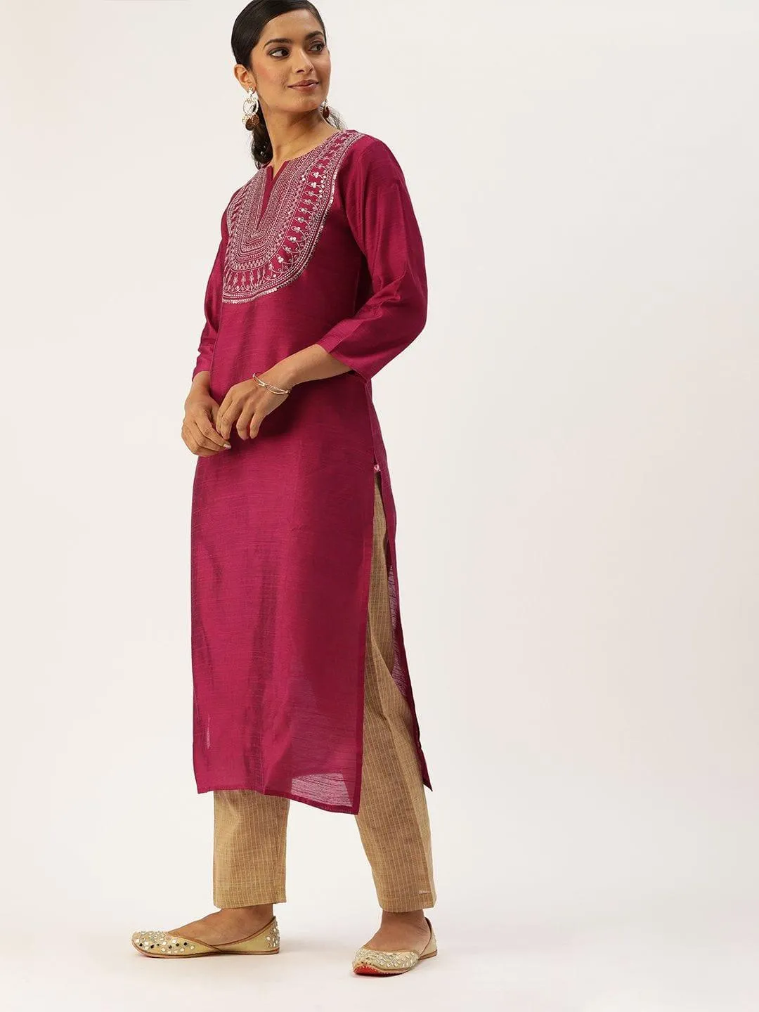 Magenta Pink & Beige Sequined Yoke Design Kurta With Trousers & Dupatta