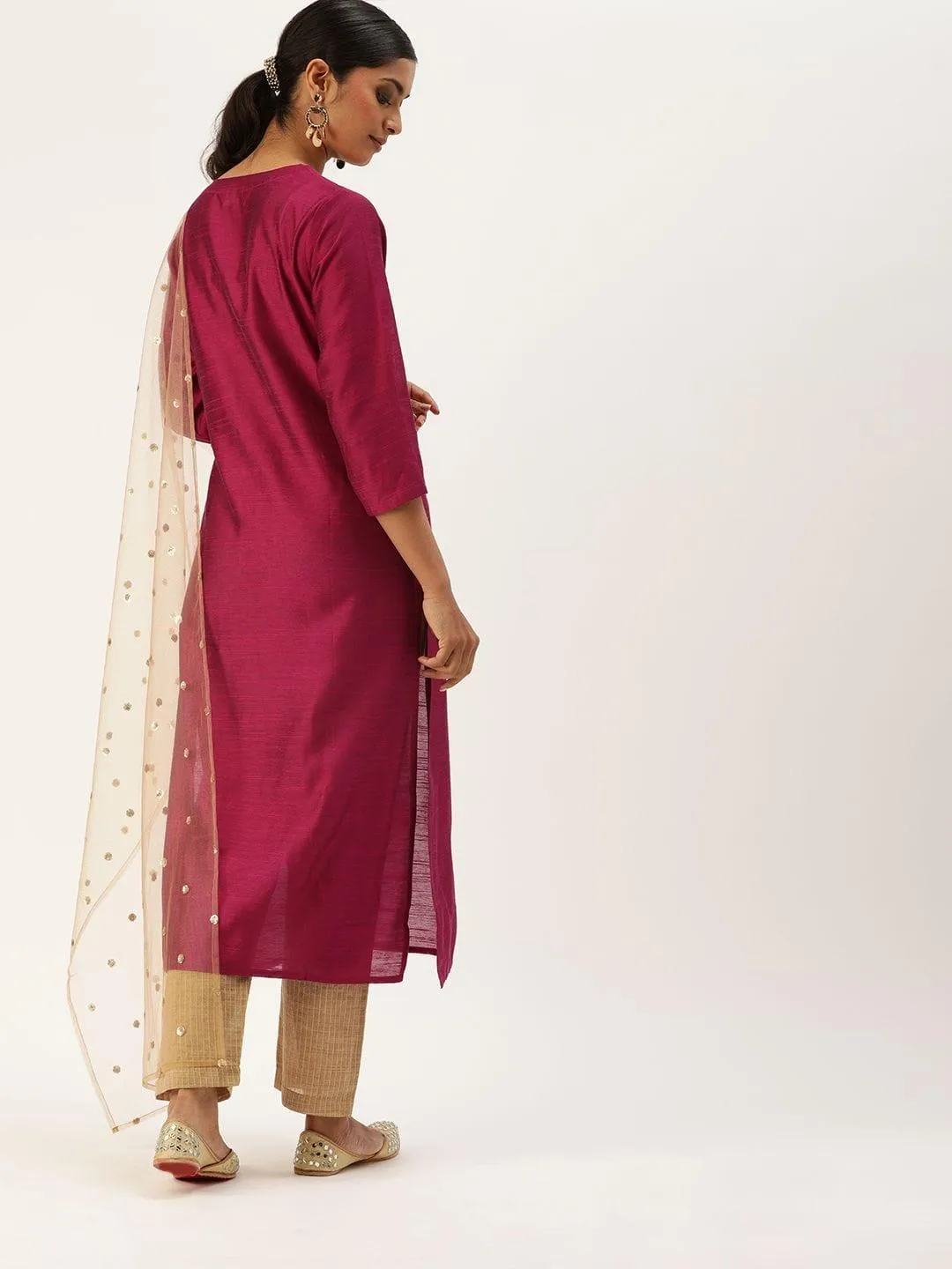 Magenta Pink & Beige Sequined Yoke Design Kurta With Trousers & Dupatta