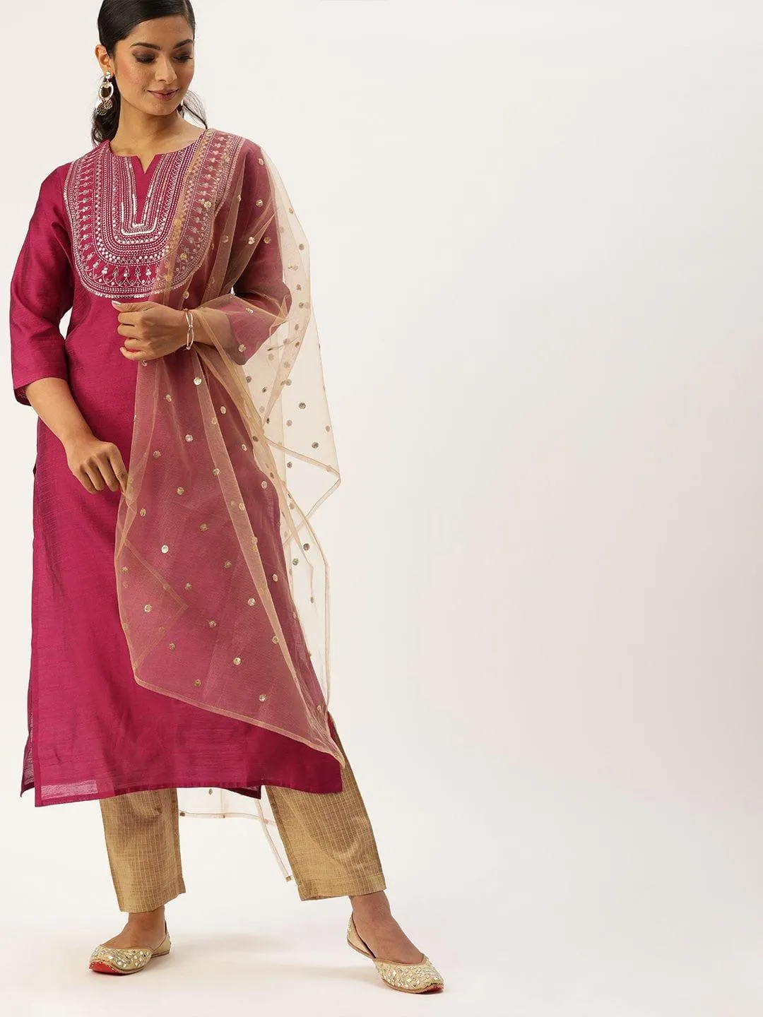 Magenta Pink & Beige Sequined Yoke Design Kurta With Trousers & Dupatta