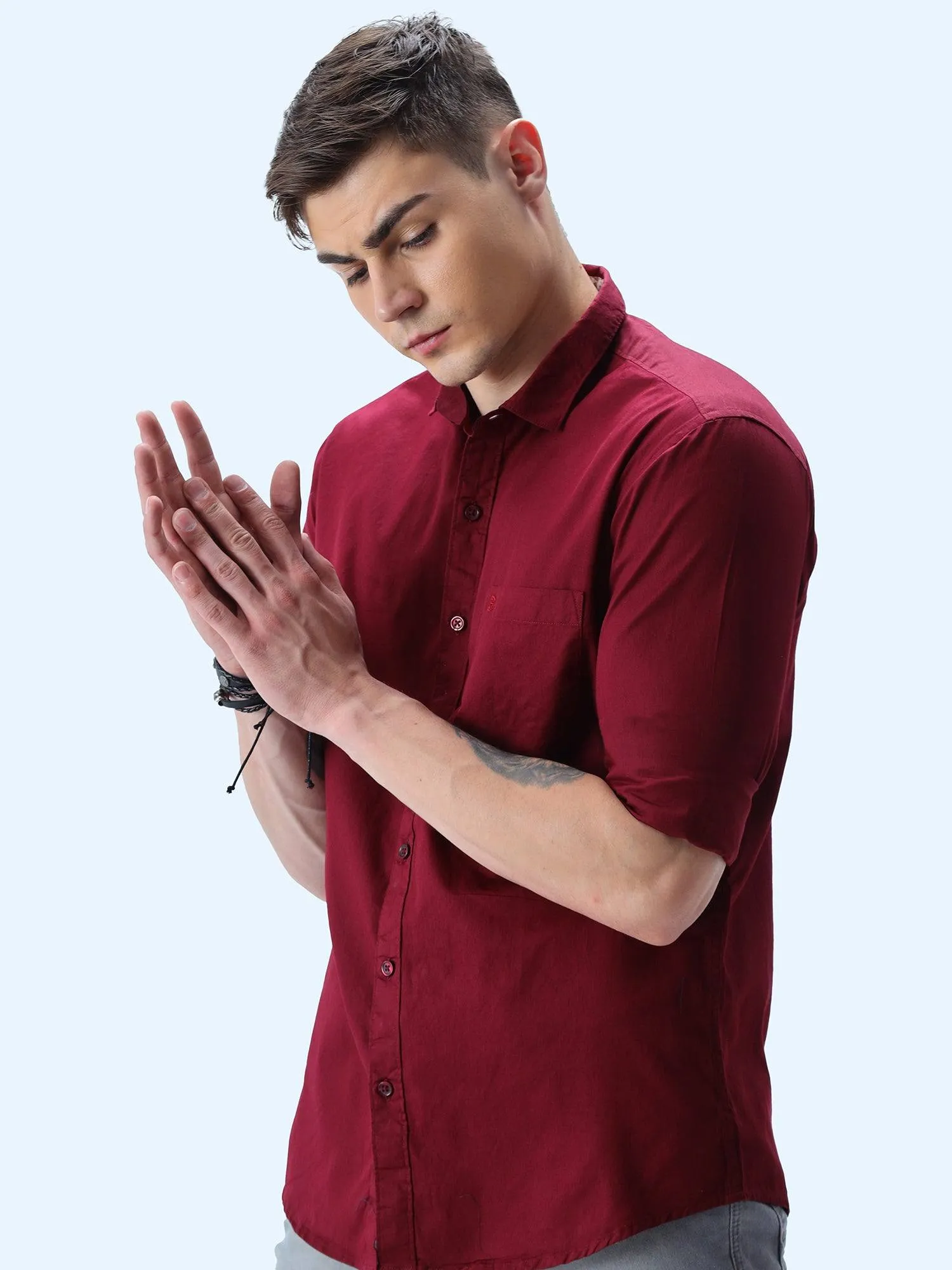 Maroon Solid Cotton Full Sleeve Shirt