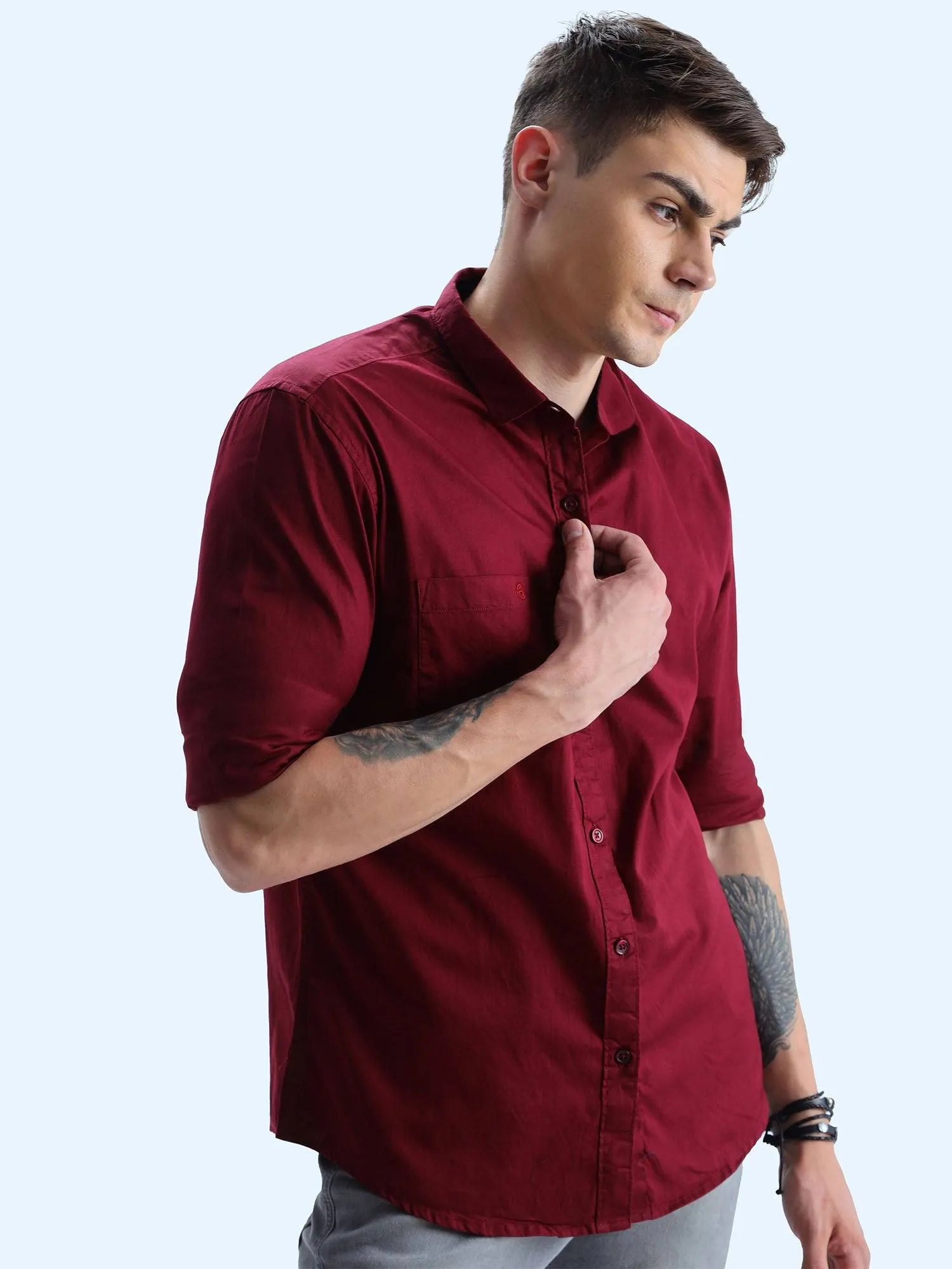 Maroon Solid Cotton Full Sleeve Shirt