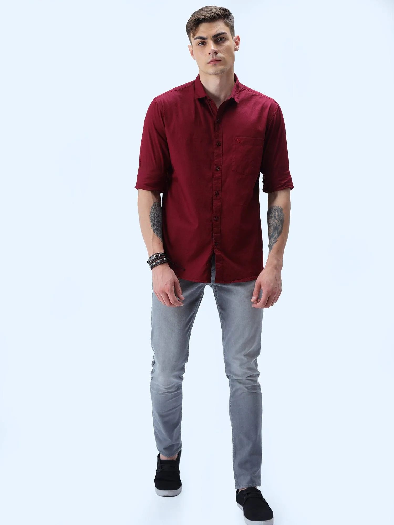 Maroon Solid Cotton Full Sleeve Shirt