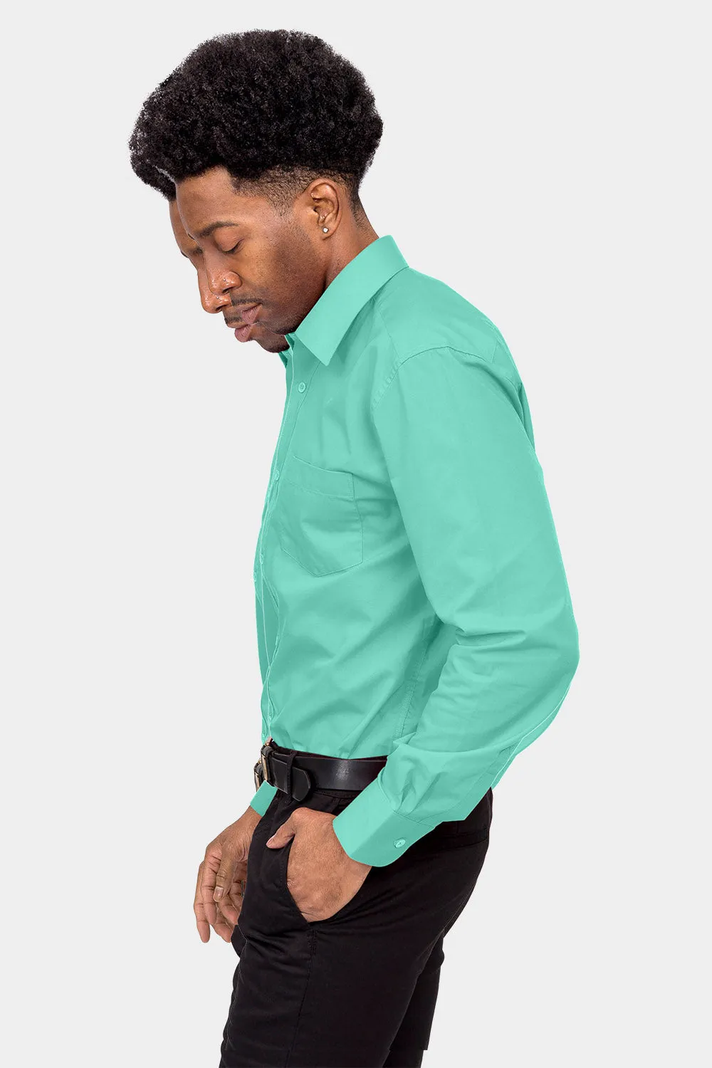 Men's Basic Solid Color Button Up Dress Shirt (Aqua)