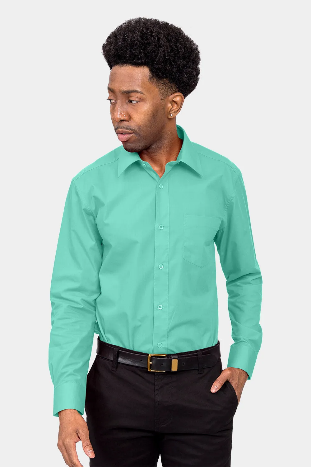 Men's Basic Solid Color Button Up Dress Shirt (Aqua)