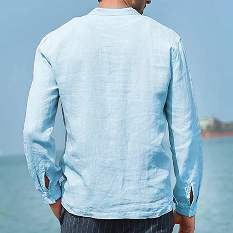 Men's Solid Color Cotton Linen Pocket Shirt