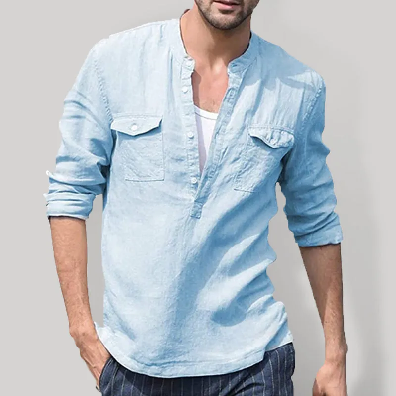 Men's Solid Color Cotton Linen Pocket Shirt