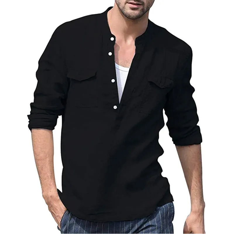 Men's Solid Color Cotton Linen Pocket Shirt