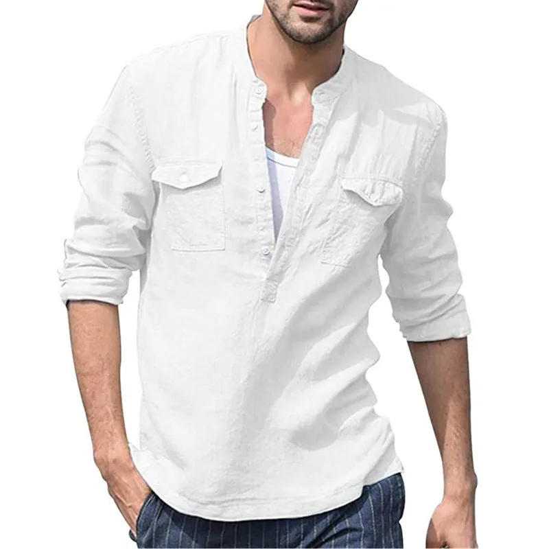 Men's Solid Color Cotton Linen Pocket Shirt