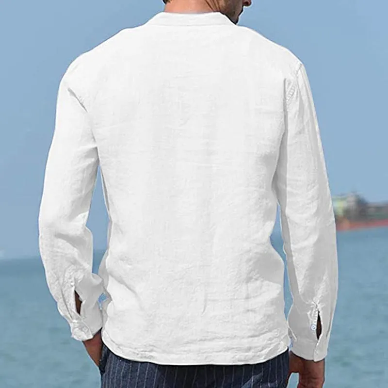 Men's Solid Color Cotton Linen Pocket Shirt