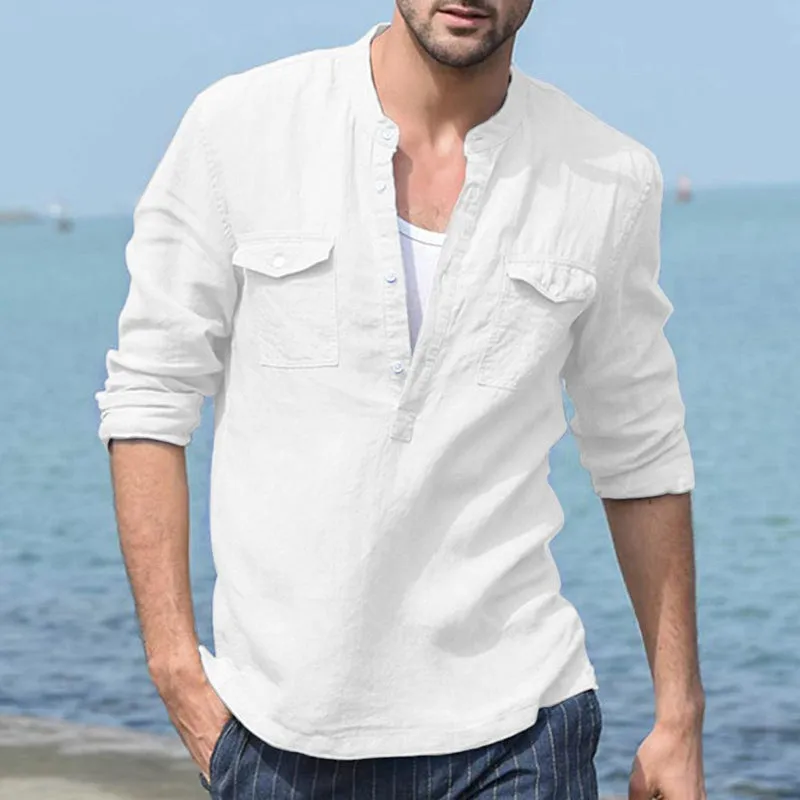 Men's Solid Color Cotton Linen Pocket Shirt