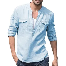 Men's Solid Color Cotton Linen Pocket Shirt