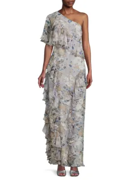 Mikael Aghal Floral Ruffle Dress in Blue Multi