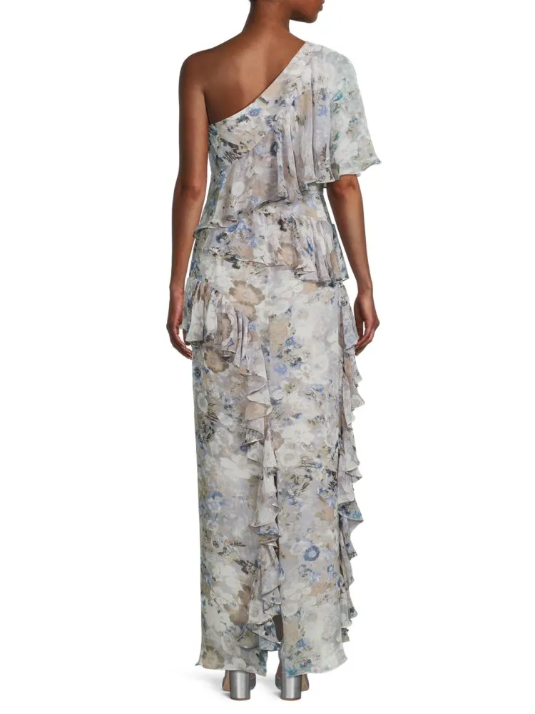 Mikael Aghal Floral Ruffle Dress in Blue Multi