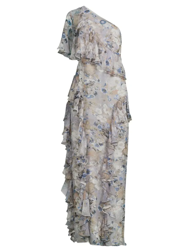 Mikael Aghal Floral Ruffle Dress in Blue Multi