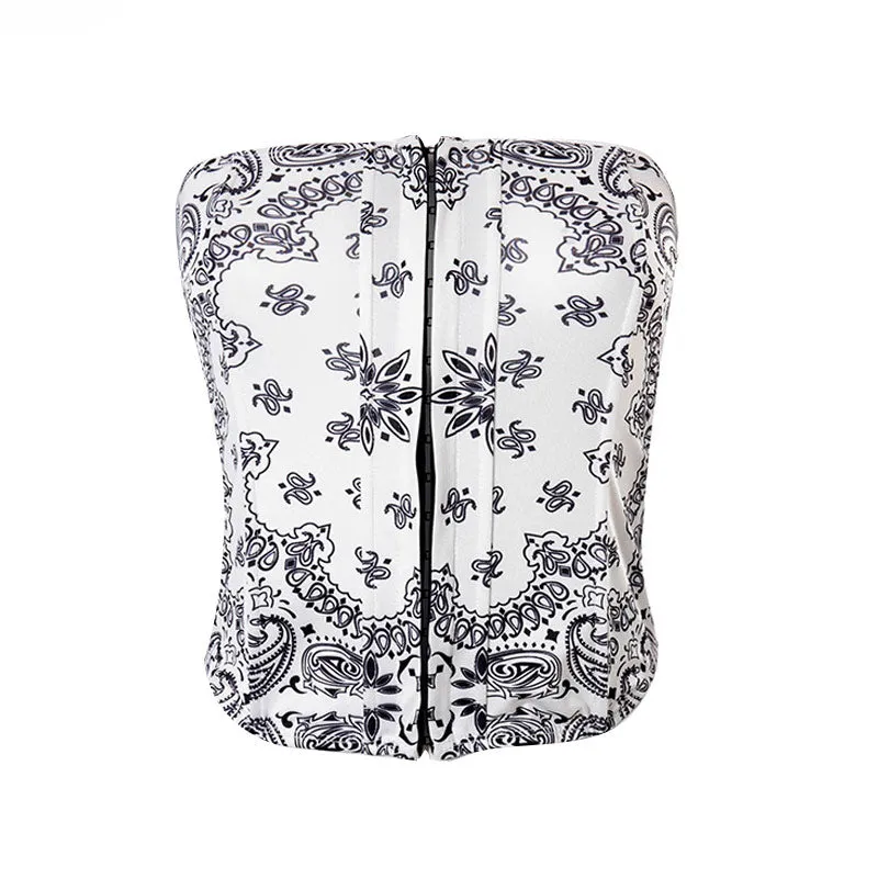 Modern Chic Hook & Eye Paisley Print Crop Tube Top - White