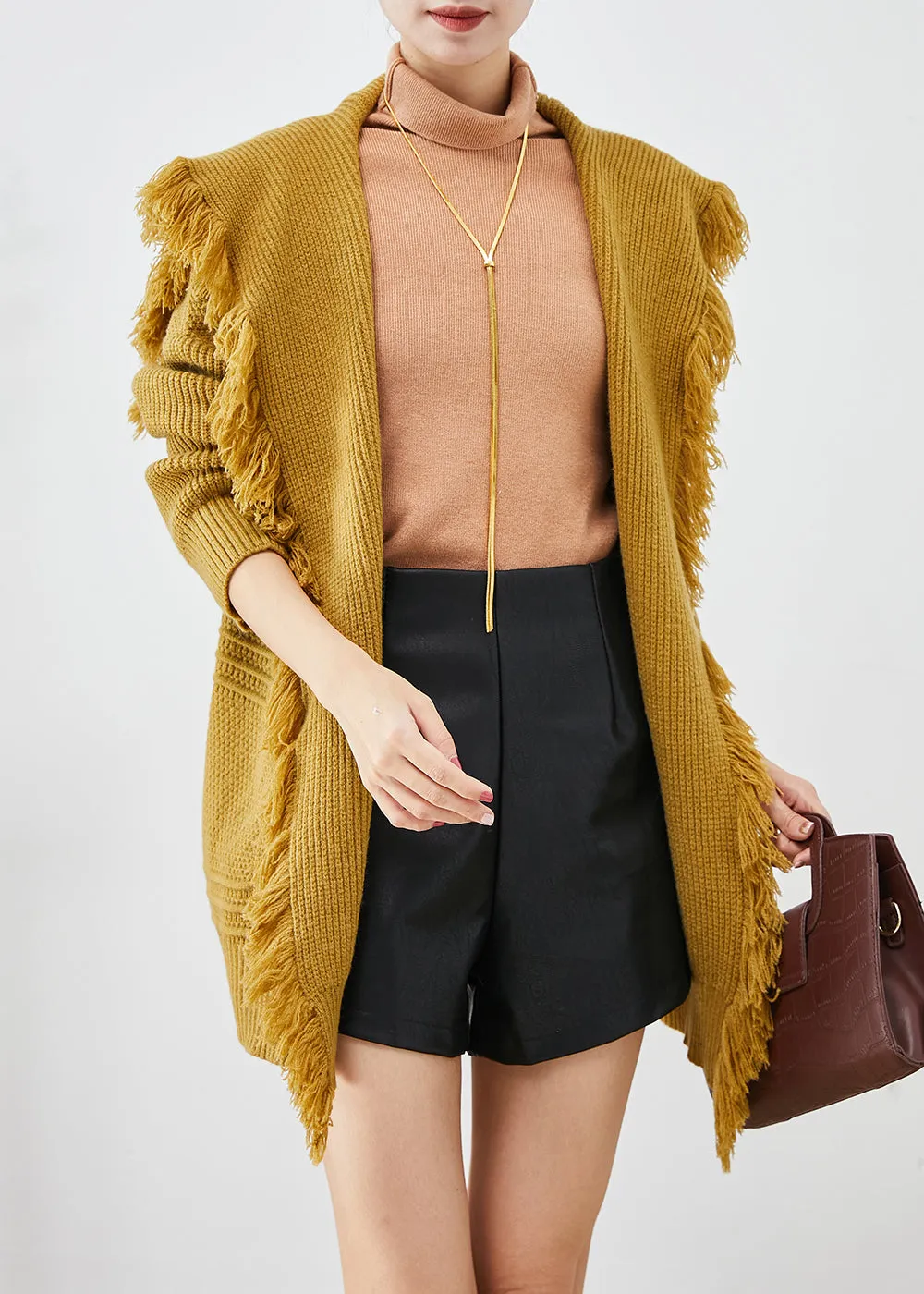 Modern Yellow Sailor Collar Tasseled Knit Cardigan Fall LY9267