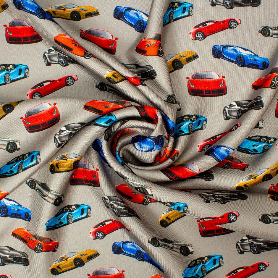 Multi-Coloured 'Sports Cars' Printed Grey Silk Twill