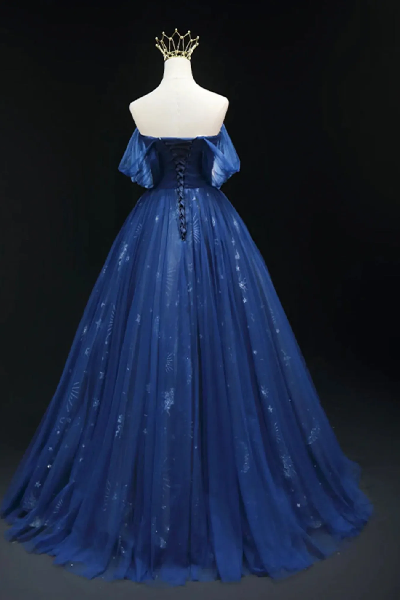 Navy Blue Off Shoulder Tulle Long Prom Dresses, Off the Shoulder Formal Dresses, Blue Evening Dresses WT1393