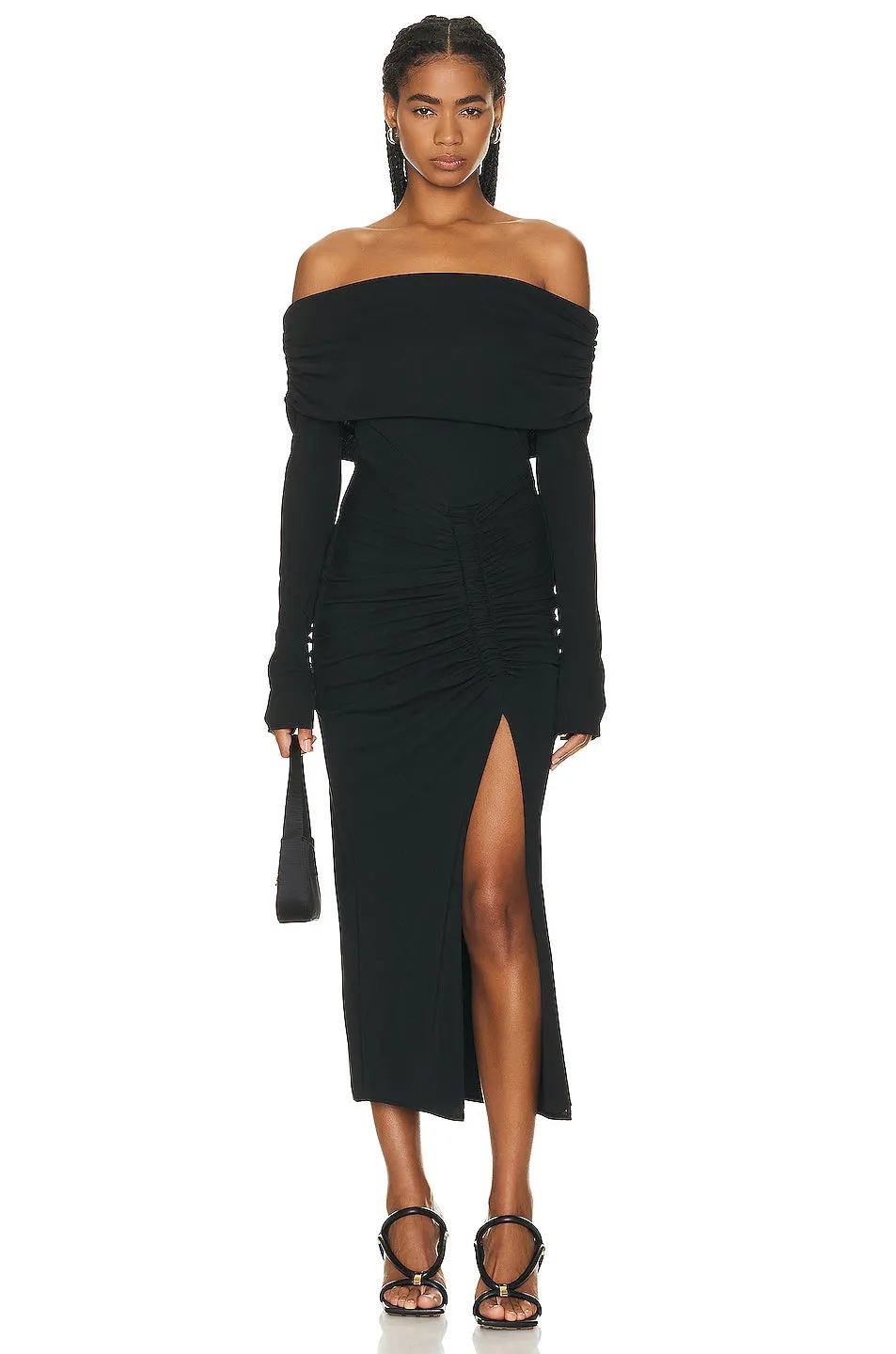 Nicholas Ascha Ruched Off Shoulder Midi Dress, Black