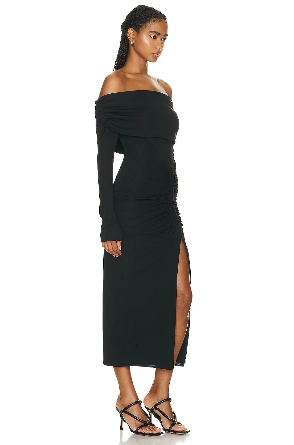 Nicholas Ascha Ruched Off Shoulder Midi Dress, Black