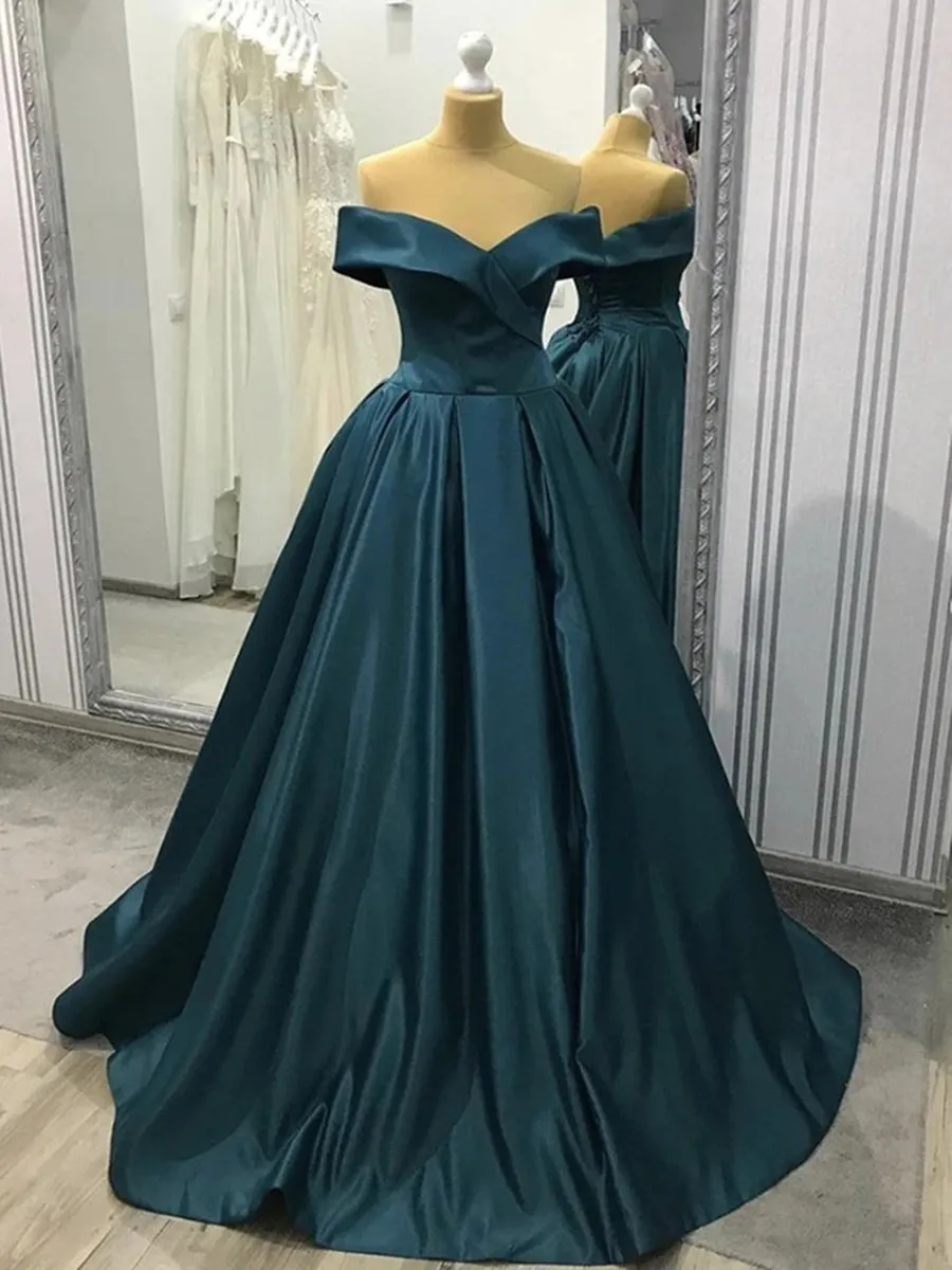 Off Shoulder Blue-Green Long Prom Dresses, Off Shoulder Green Formal Evening Dresses, Off Shoulder Prom