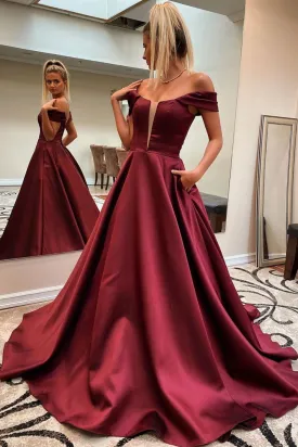 Off Shoulder Burgundy Satin Long Prom Dresses, Burgundy Long Formal Evening Dresses