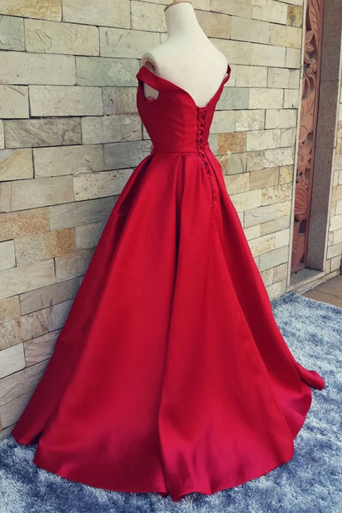 Off Shoulder Red/Black Satin Long Prom Dresses, Long Red/Black Formal Graduation Evening Dresses