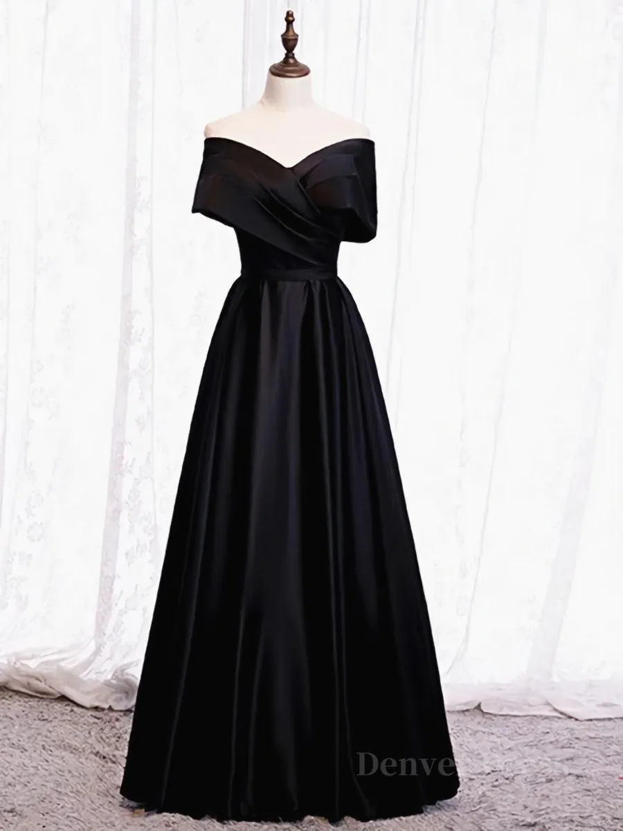 Off the Shoulder Black Long Prom Dresses with Corset Back, Black Off the Shoulder Formal Evening Dresses