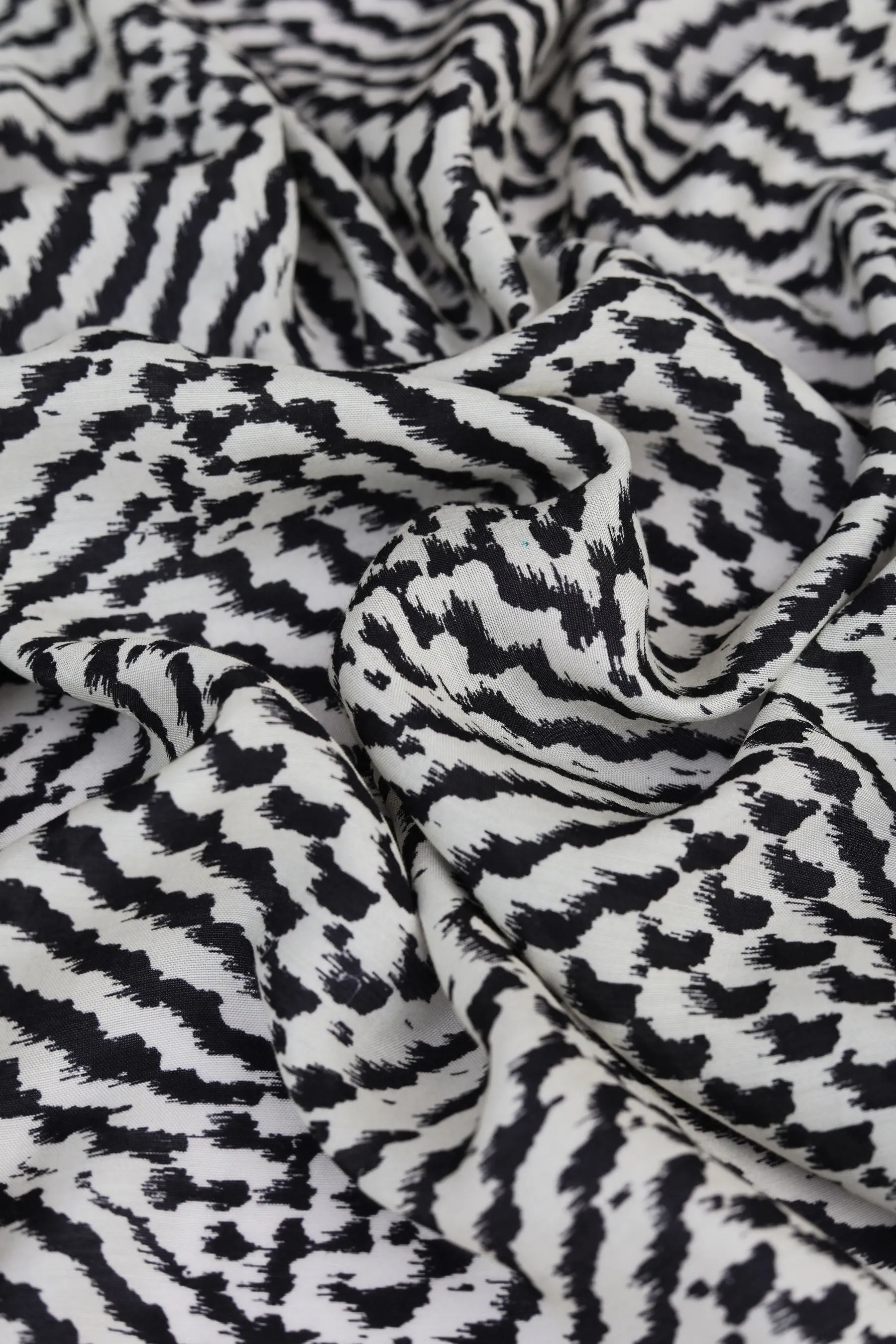 Off White and Black All Over Geometric Print Natural Muslin Silk Fabric