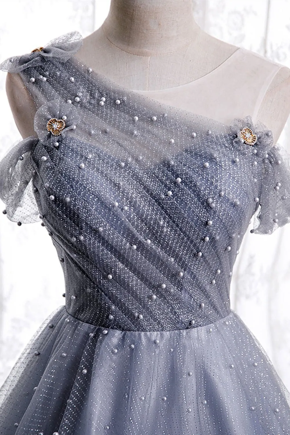 One Shoulder Round Neck Gray Beaded Long Prom Dresses, Off Shoulder Gray Beaded Formal Evening Dresses