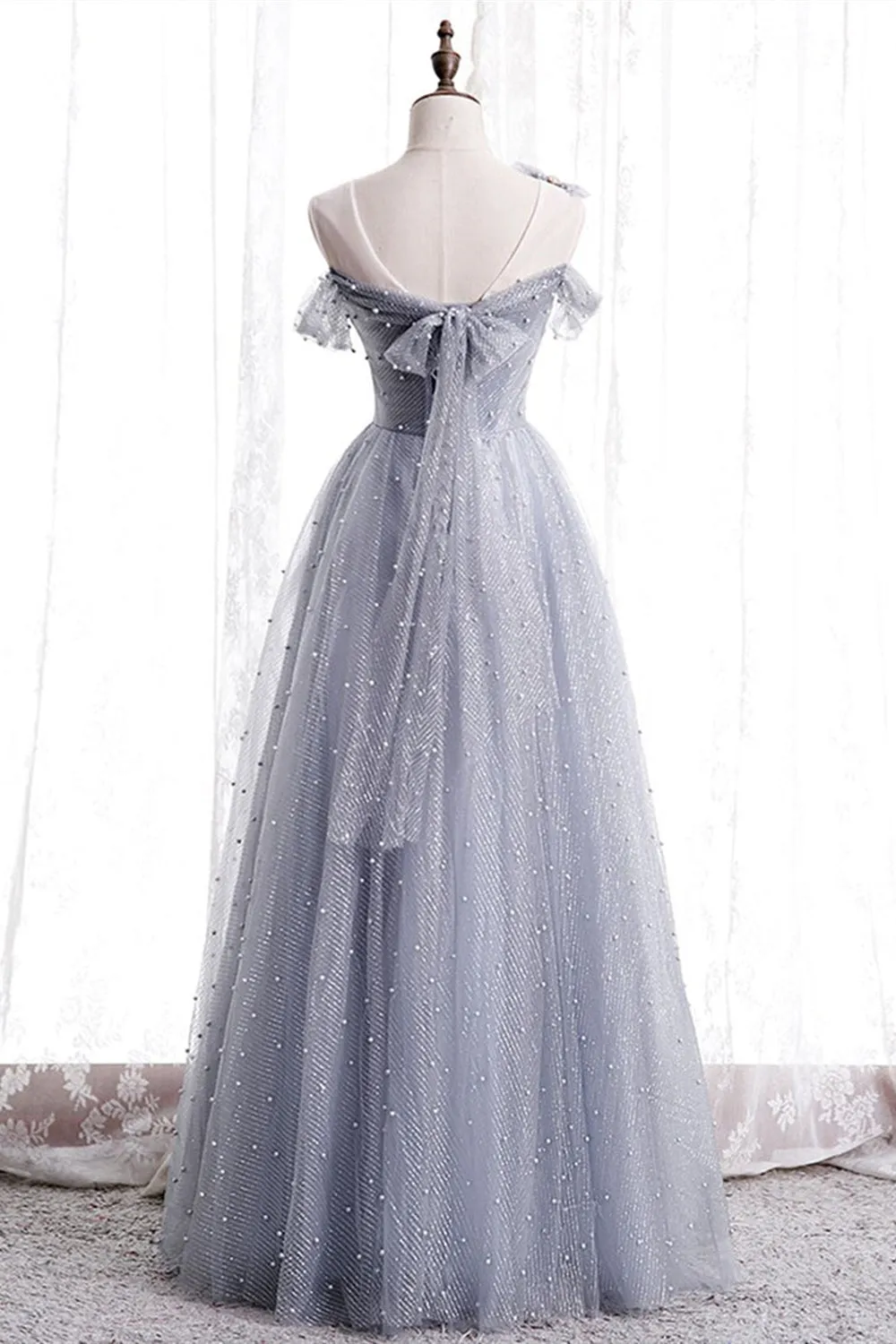 One Shoulder Round Neck Gray Beaded Long Prom Dresses, Off Shoulder Gray Beaded Formal Evening Dresses